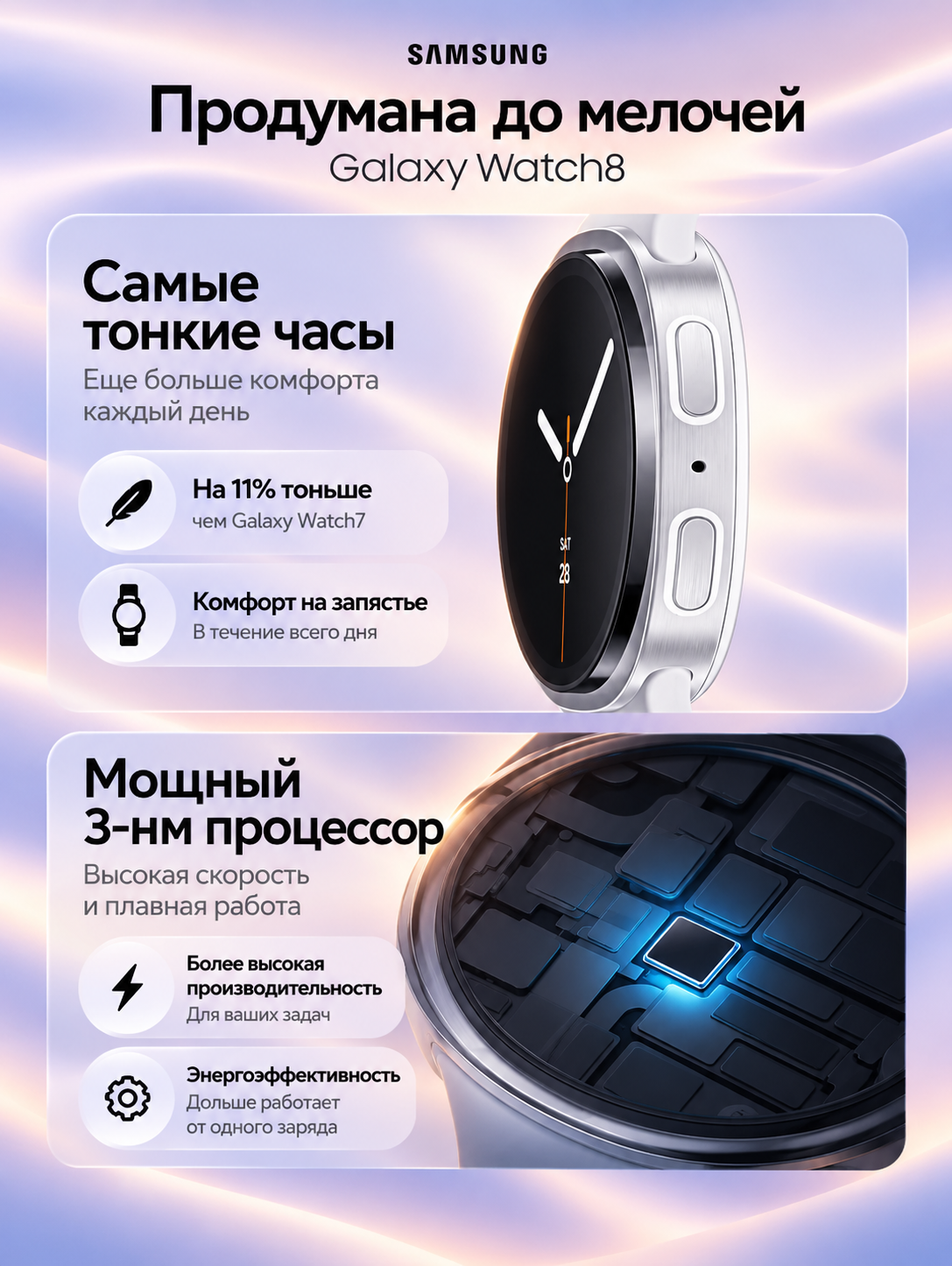Samsung Galaxy Watch8 1,5" Super AMOLED, 32 GB, NFC, GPS, 40 soatgacha ishlash
