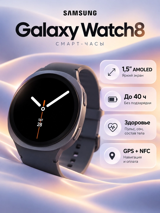 Samsung Galaxy Watch8 1,5" Super AMOLED, 32 GB, NFC, GPS, 40 soatgacha ishlash - 