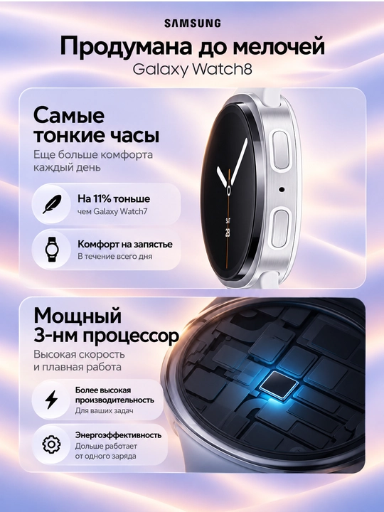 Samsung Galaxy Watch8 1,5" Super AMOLED, 32 ГБ, NFC, GPS, до 40 ч работы