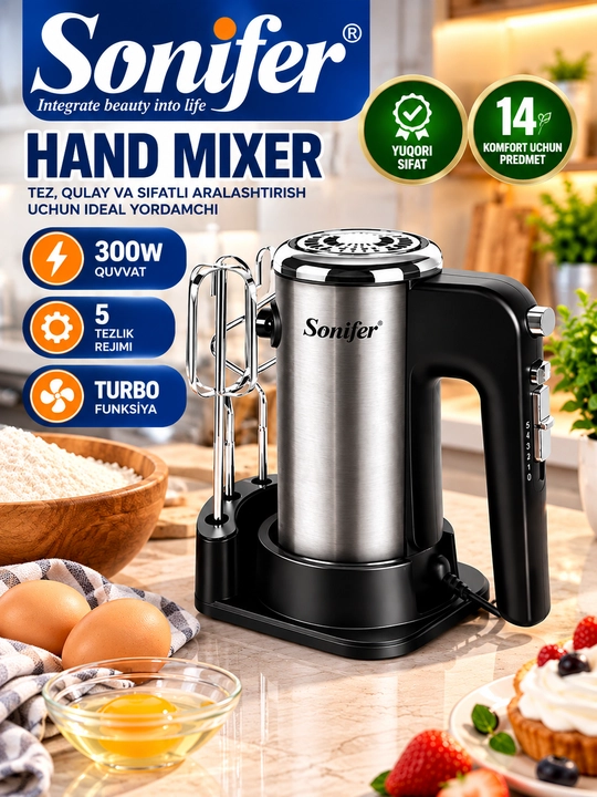 Sonifer SF-7022 elektr qo‘l mikseri, 300W, 5 tezlik rejimi, Turbo funksiya - 