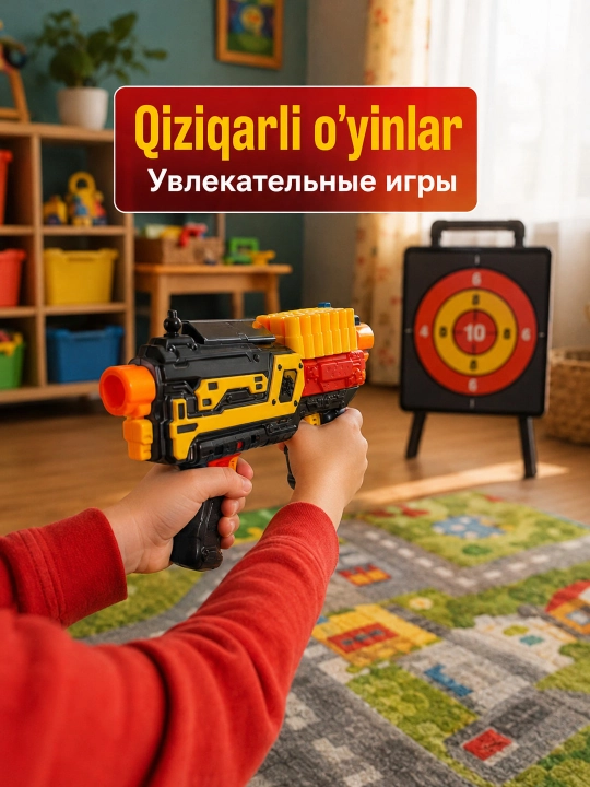 Игрушечный пистолет бластер с мягкими патронами и барабаном для детей 6+