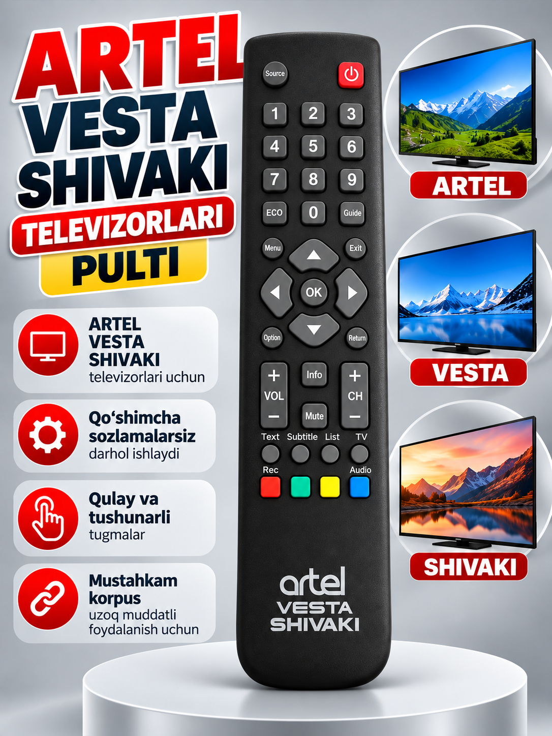 Artel,Vesta va Shivaki televizorlariga pult,universal masofadan boshqaruv pulti - 