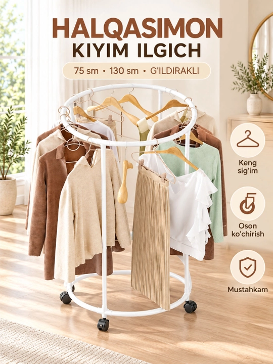 Halqasimon g‘ildirakli kiyim ilgich, 75x130 sm, oltin - 