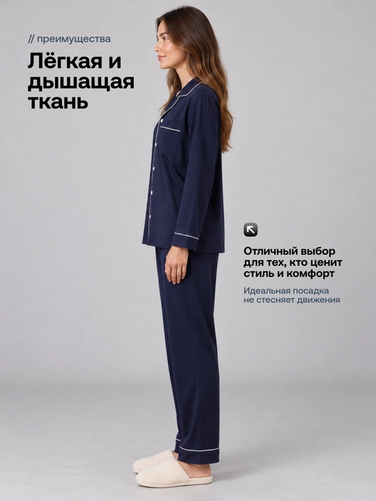 Ingliz uslubidagi ayollar pijamasi, uzun yengli ko‘ylak va shim, 100% paxtadan