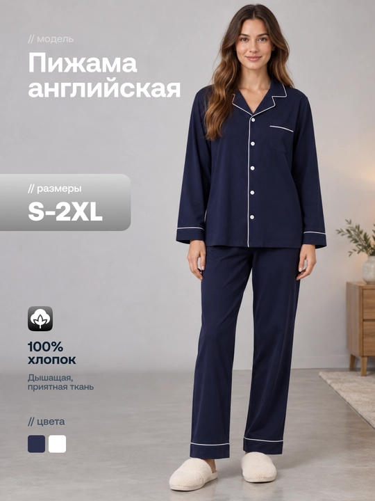 Ingliz uslubidagi ayollar pijamasi, uzun yengli ko‘ylak va shim, 100% paxtadan - 