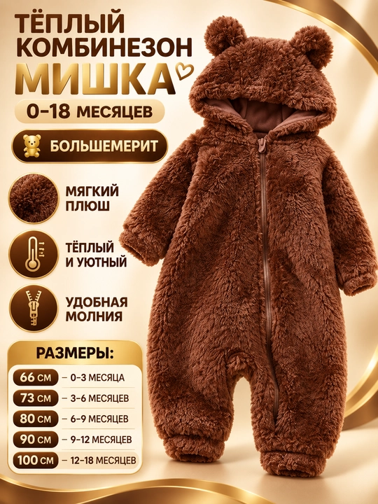 Одежда для новорожденных, Мягкий комбинезон "Мишка" для малышей — Плюшевый и теплый слип - 