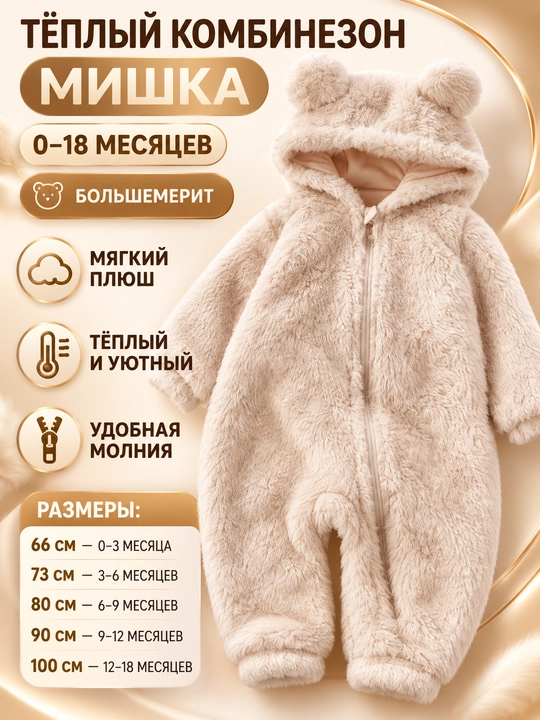 Одежда для новорожденных, Мягкий комбинезон "Мишка" для малышей — Плюшевый и теплый слип - 