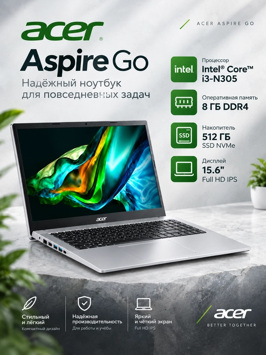 Noutbuk Acer GO i3-N305 8/512 SSD/FullHD IPS/Silver - 
