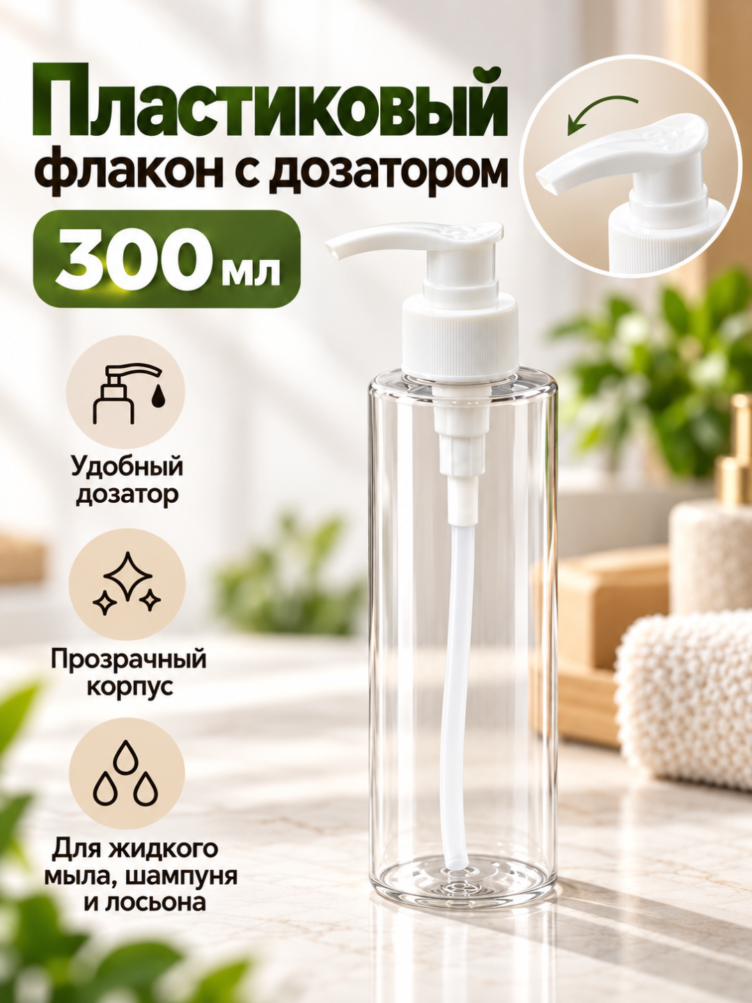 Пластиковый флакон с дозатором 300 мл для жидкого мыла, шампуня и лосьона, 2 цвета - 