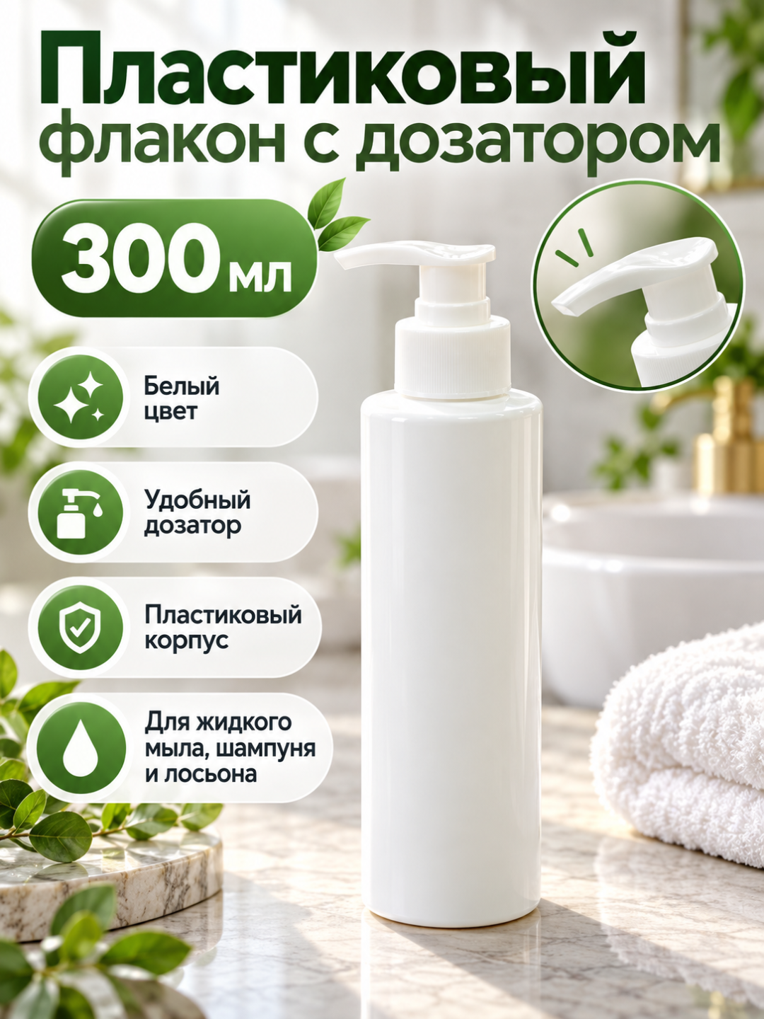 Пластиковый флакон с дозатором 300 мл для жидкого мыла, шампуня и лосьона, 2 цвета - 