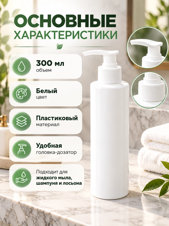 Пластиковый флакон с дозатором 300 мл для жидкого мыла, шампуня и лосьона, 2 цвета