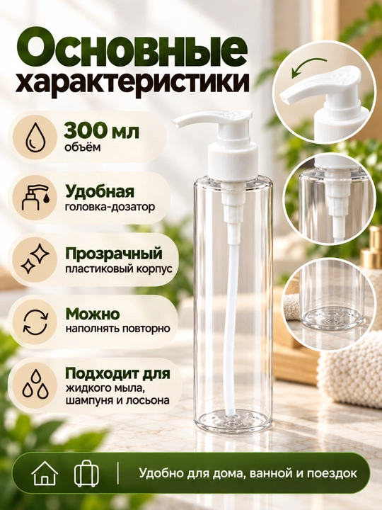 Пластиковый флакон с дозатором 300 мл для жидкого мыла, шампуня и лосьона, 2 цвета