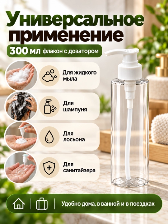 Пластиковый флакон с дозатором 300 мл для жидкого мыла, шампуня и лосьона, 2 цвета
