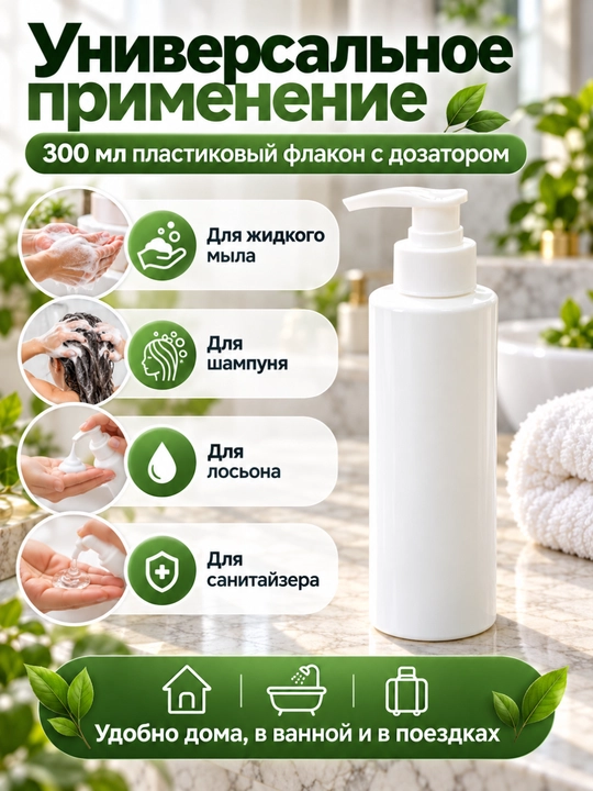 Пластиковый флакон с дозатором 300 мл для жидкого мыла, шампуня и лосьона, 2 цвета