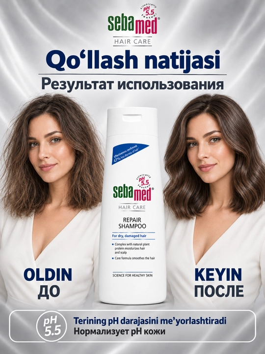 Tiklovchi shampun Sebamed Repair Shampoo pH 5.5 quruq va shikastlangan sochlar uchun