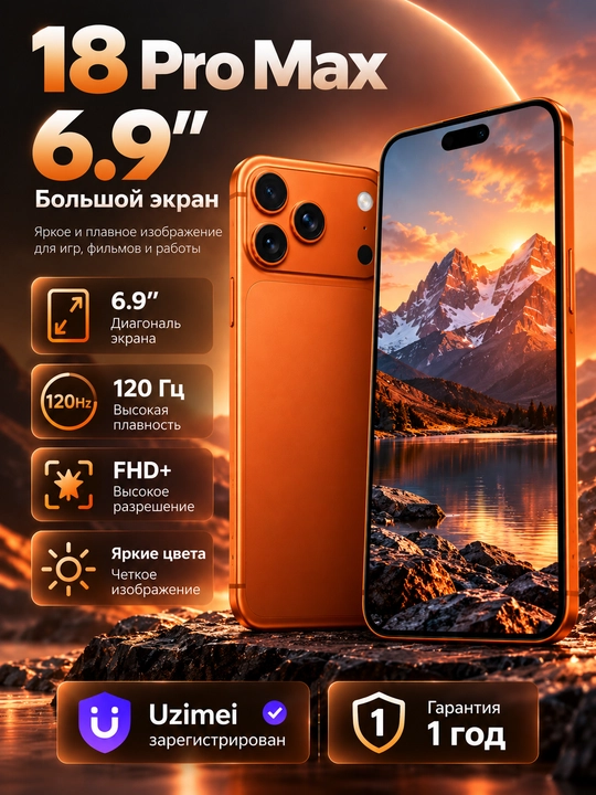 Смартфон 18 ProMax, экран 6.9, 120 ГЦ, 24/256, 5150 mah, Android 16