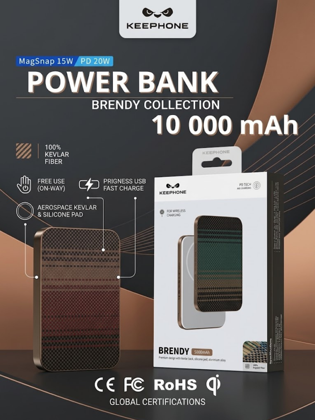 Внешний аккумулятор Power Bank Keephone Brendy PB51 10000 мАч — MagSafe, корпус из Кевлара - 