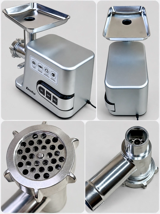 Go'sht maydalagich "BELTOP" 1800-2000W, DC motorli, revers, kolbasa nasadkasi, myasorubka