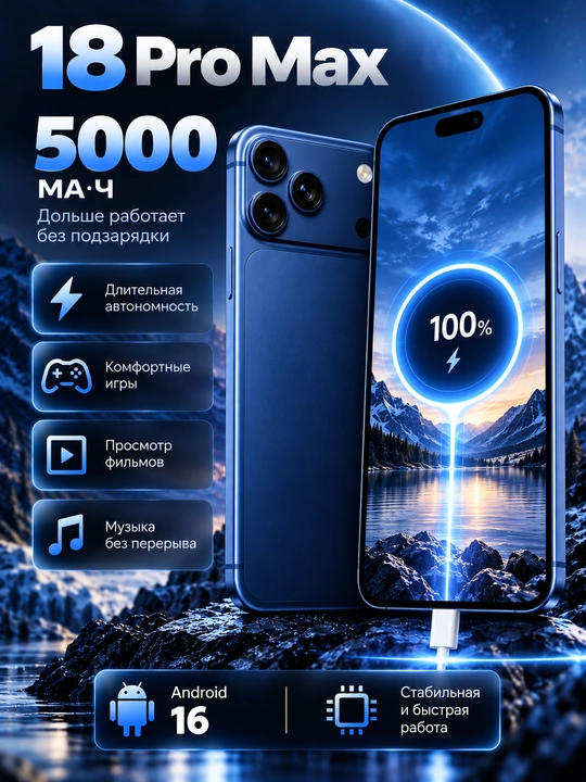 18 ProMax smartfoni, 6,9 dyuymli ekran, 120 Gts, 24/256 GB xotira, 5150 mA·soat batareya