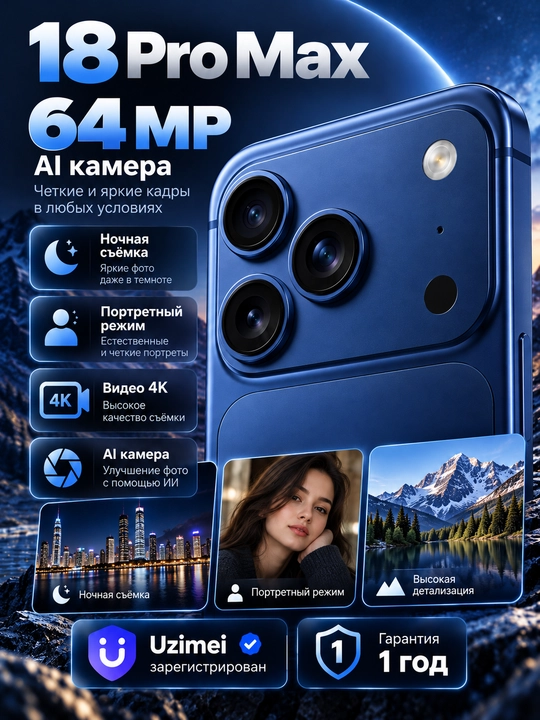 18 ProMax smartfoni, 6,9 dyuymli ekran, 120 Gts, 24/256 GB xotira, 5150 mA·soat batareya