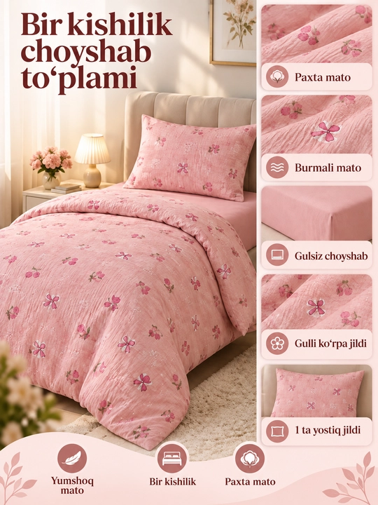 Bir kishilik jatka choyshab to'plami, paxta, gulli, ko'rpa va yostiq jildi, yotoq jihozi - 