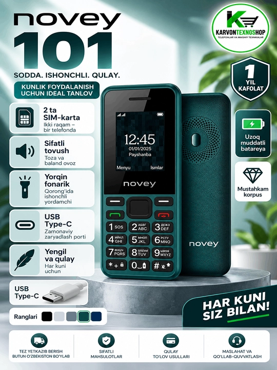 Novey 101 tugmachali telefoni, 1.77" ekran, 1000 mAh, 2 SIM