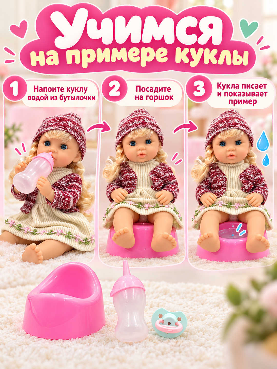 Детская интерактивная кукла-пупс, говорящая кукла, горшок, бутылочка