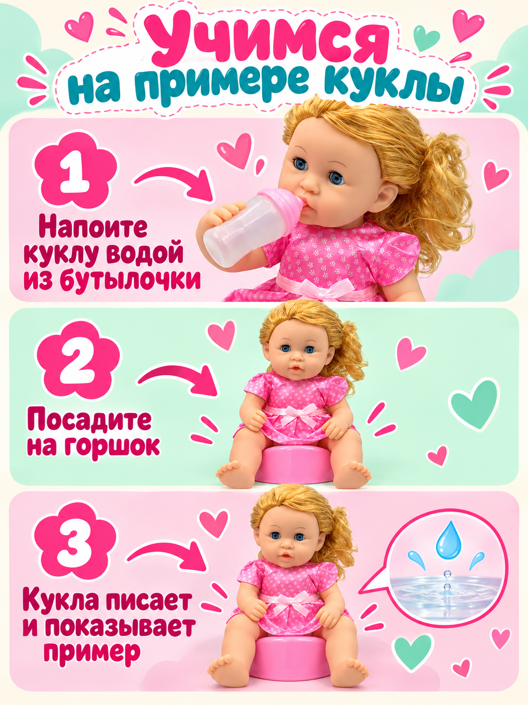 Детская интерактивная кукла-пупс, говорящая кукла, горшок, бутылочка