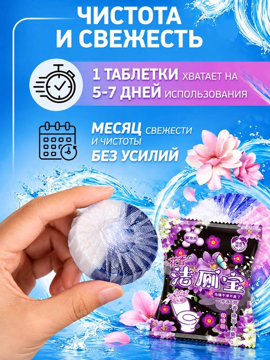 Таблетки для бачка унитаза, с чистящим средством, антибактериальные