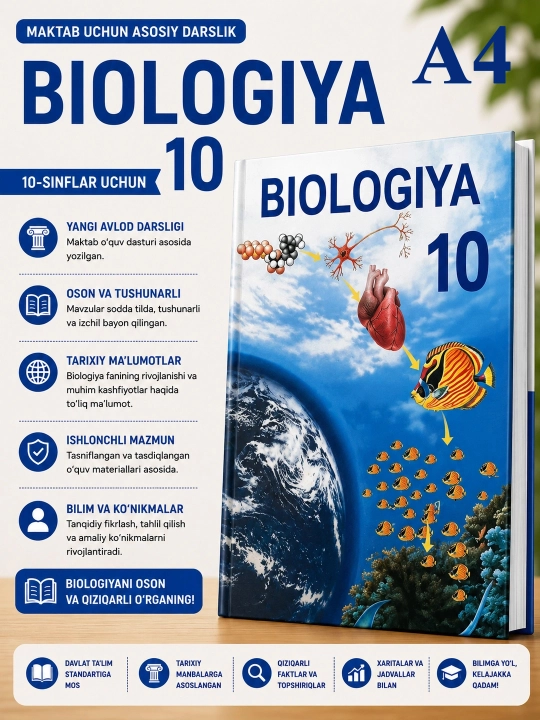 Biologiya. 10-sinf, A4 format, o‘zbek tilida rangli - 