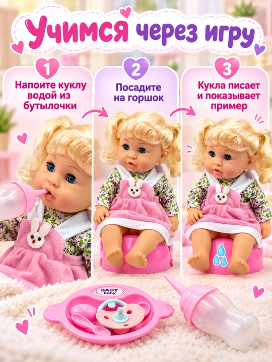 Детская интерактивная кукла, пупс, кушает, пьет из бутылочки, ходит на горшок, говорит