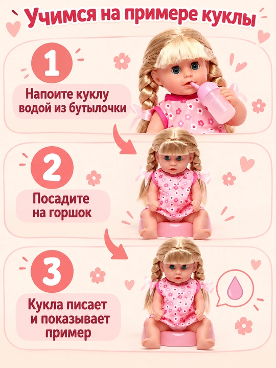 Bolalar interaktiv qo'g'irchoq, pups, ovqatlaning, shishadan ichadi, deydi idishda, deydi