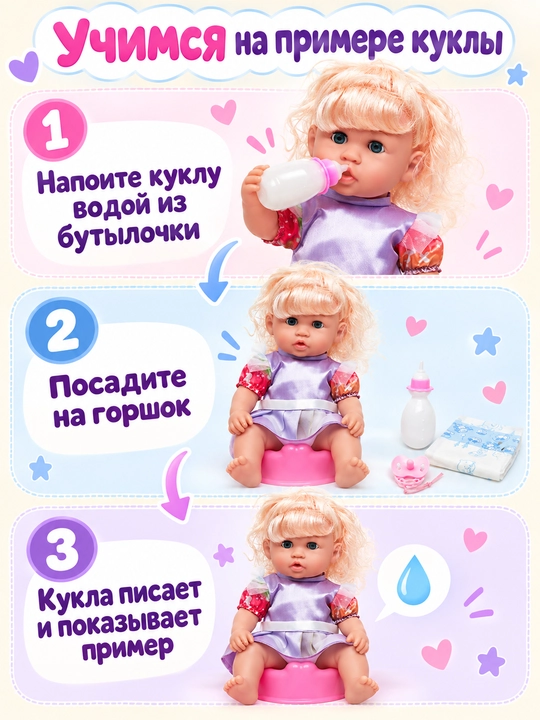 Bolalar interaktiv qo'g'irchoq, pups, ovqatlaning, shishadan ichadi, deydi idishda, deydi