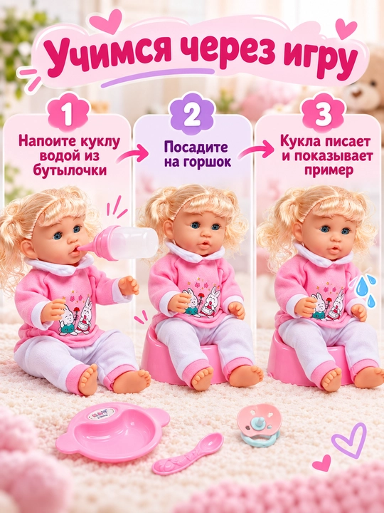 Детская интерактивная кукла, пупс, кушает, пьет из бутылочки, ходит на горшок, говорит