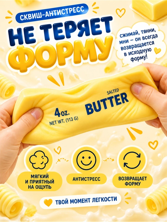Сквиш Butter — антистресс-игрушка пачки масла, мягкая, медленно восстанавливающая форму