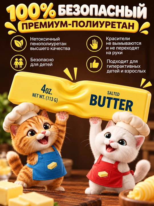 Сквиш Butter — антистресс-игрушка пачки масла, мягкая, медленно восстанавливающая форму