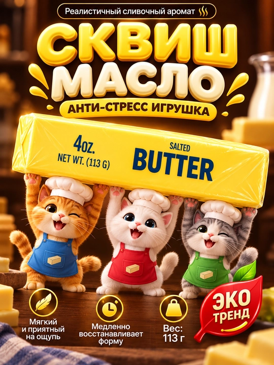 Сквиш Butter — антистресс-игрушка пачки масла, мягкая, медленно восстанавливающая форму - 