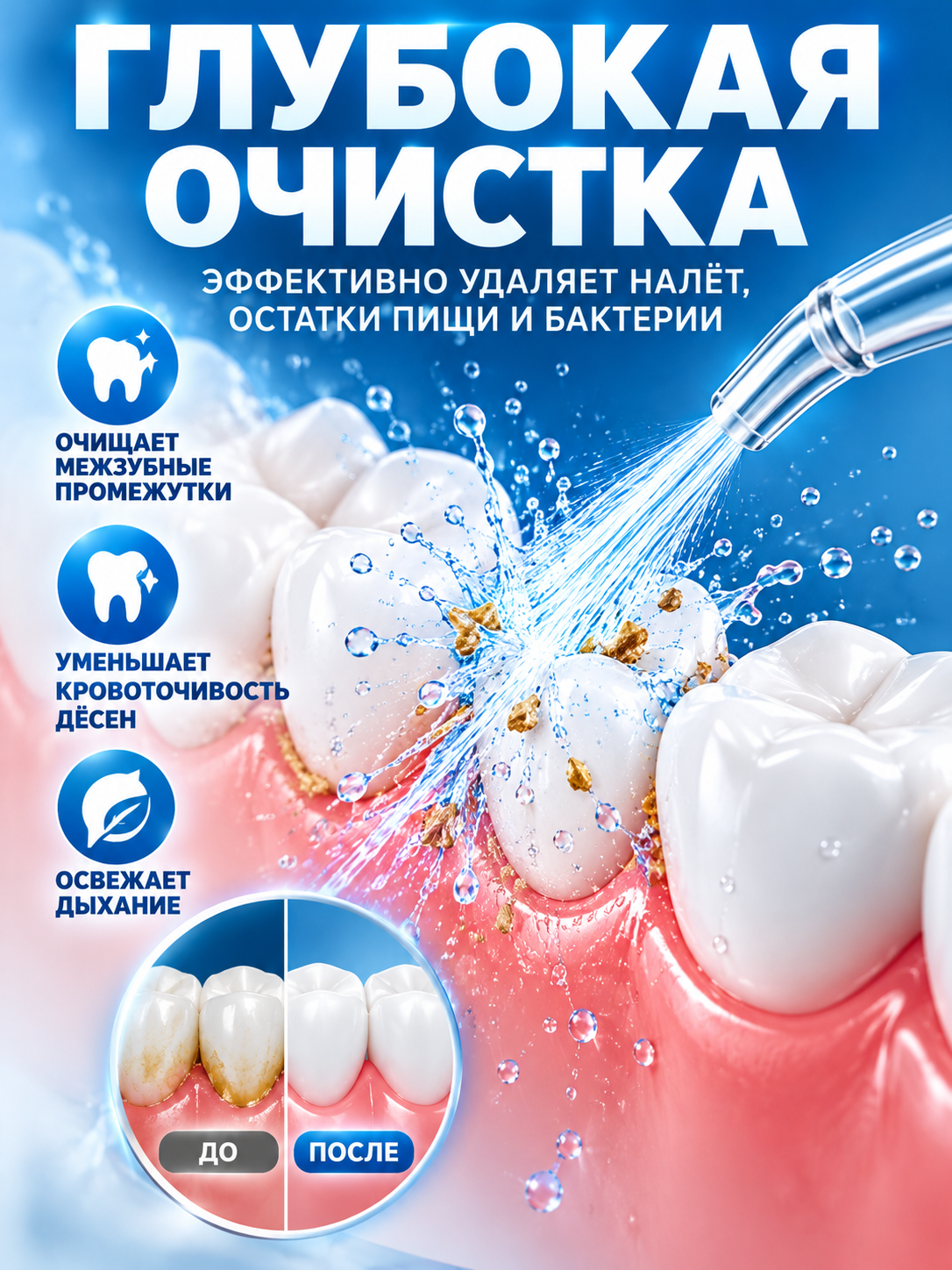 Ирригатор для полости рта портативный, 260 мл, 3 режима, 4 насадки, IPX7, USB Type-C