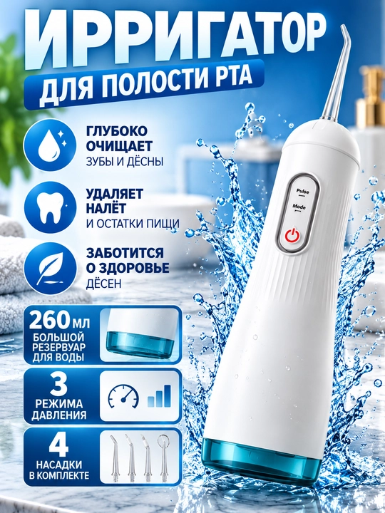 Ko‘chma og‘iz bo‘shlig‘i irrigatori, 260 ml, 3 ta rejim, 4 ta nasadka, IPX7, USB Type-C - 
