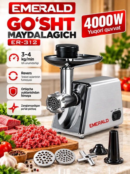 Мясорубка EMERALD ER 312 мощностью 4000 Вт, электрическая - 