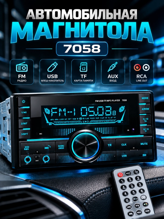 7058 FM/USB/TF/MP3 avtomagnitolasi, AUX va masofadan boshqarish pulti bilan - 
