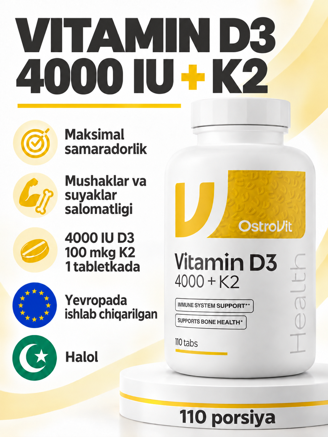 OstroVit Vitamin D3 + K2, D3 4000 ME, 110 tabletka - 