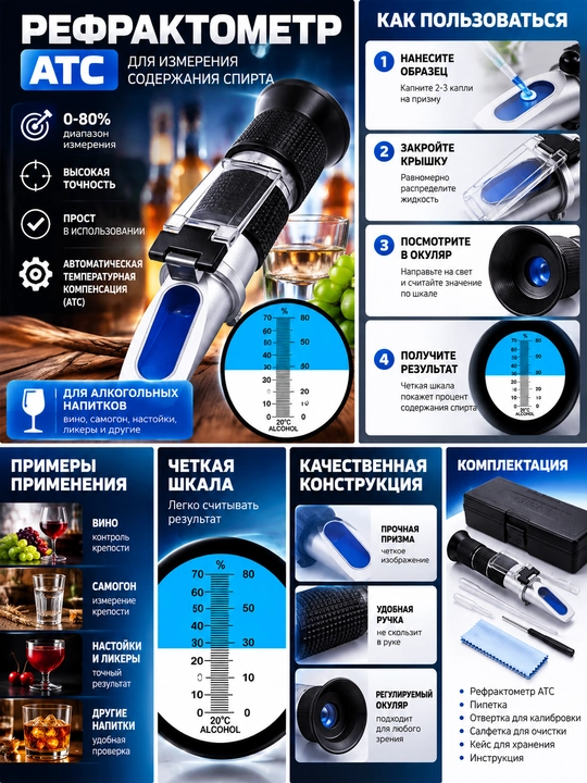 Рефрактометр ATC для измерения содержания алкоголя, спиртометр