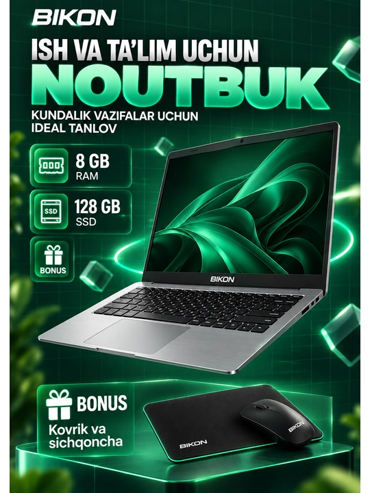 Noutbuk BIKON ekran 14 ofis, uy, o‘qish va ish uchun, Windows o‘rnatilgan - 