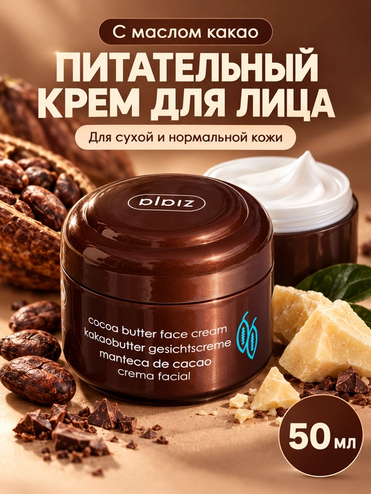 Oziqlantiruvchi yuz kremi Ziaja kakao moyli, quruq va normal teri uchun, 50 ml