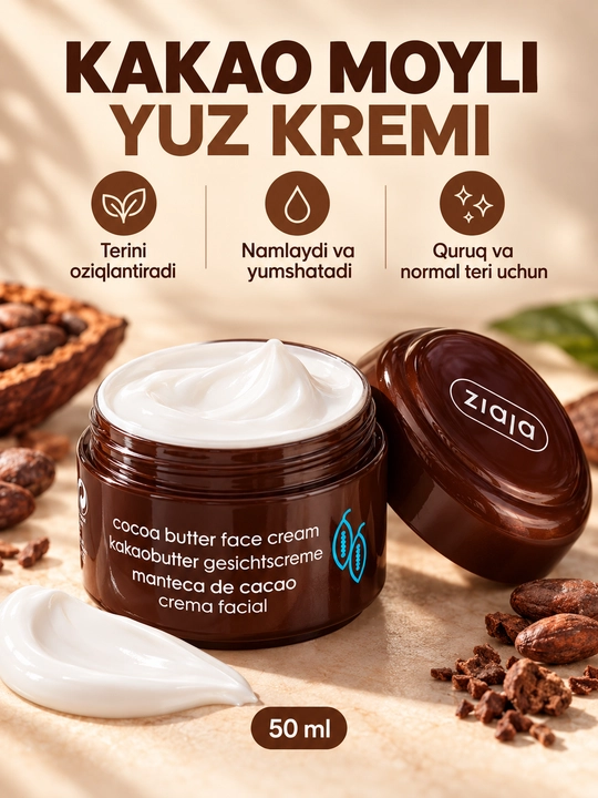 Oziqlantiruvchi yuz kremi Ziaja kakao moyli, quruq va normal teri uchun, 50 ml