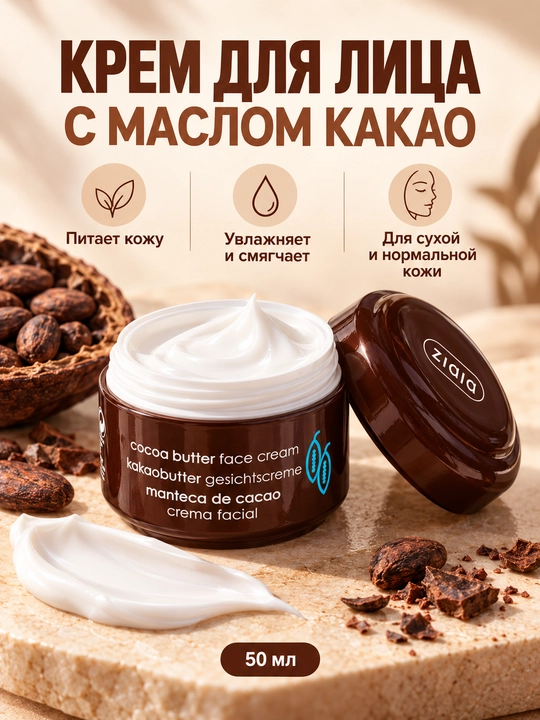 Oziqlantiruvchi yuz kremi Ziaja kakao moyli, quruq va normal teri uchun, 50 ml
