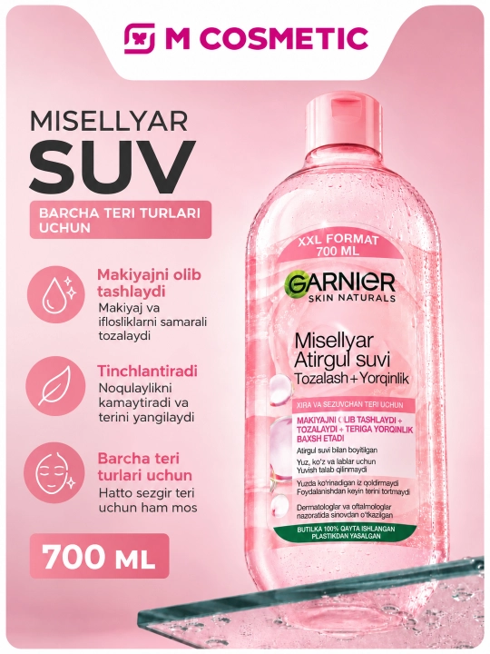 GARNIER pushti mitsellyar suv tozalash va yorqinlik, 700 ml