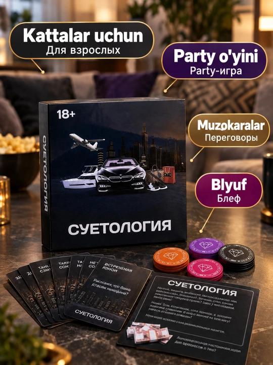 Настольная игра Суетология — карточная игра для взрослых и компании, 18+