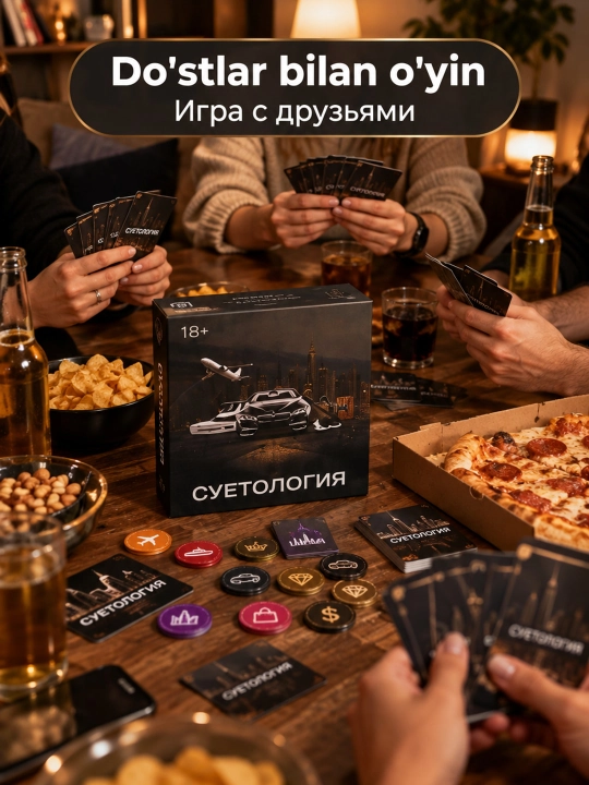 Настольная игра Суетология — карточная игра для взрослых и компании, 18+